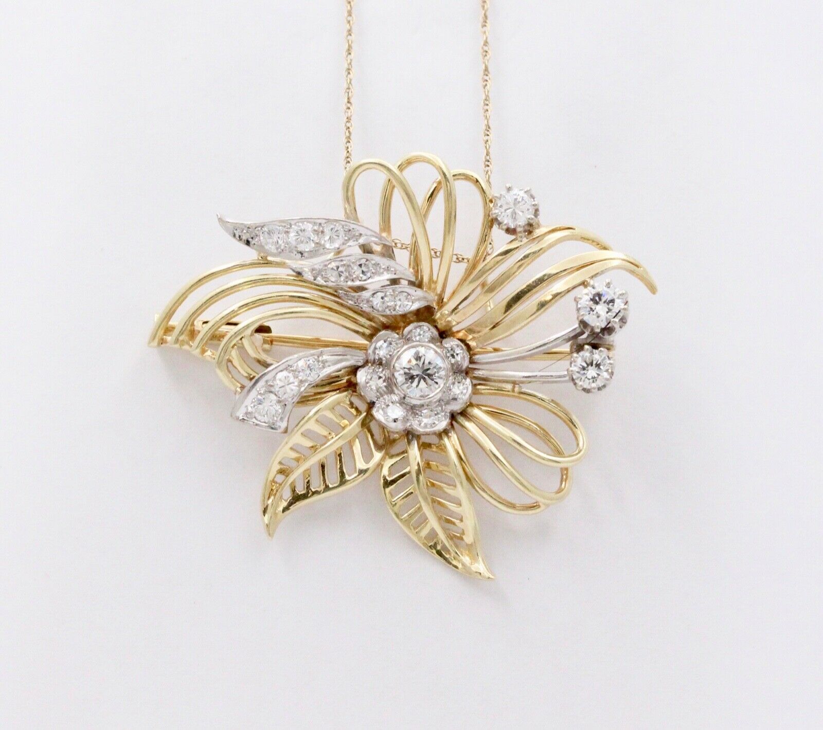 Vintage Flower Diamonds 14K Yellow Gold Pendant Brooch Pin