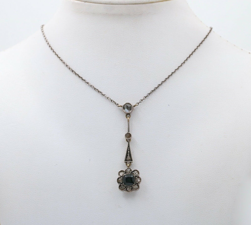 Edwardian 14K Gold & Silver Sapphire, Rose Cut Diamond Floral Lavalier Necklace