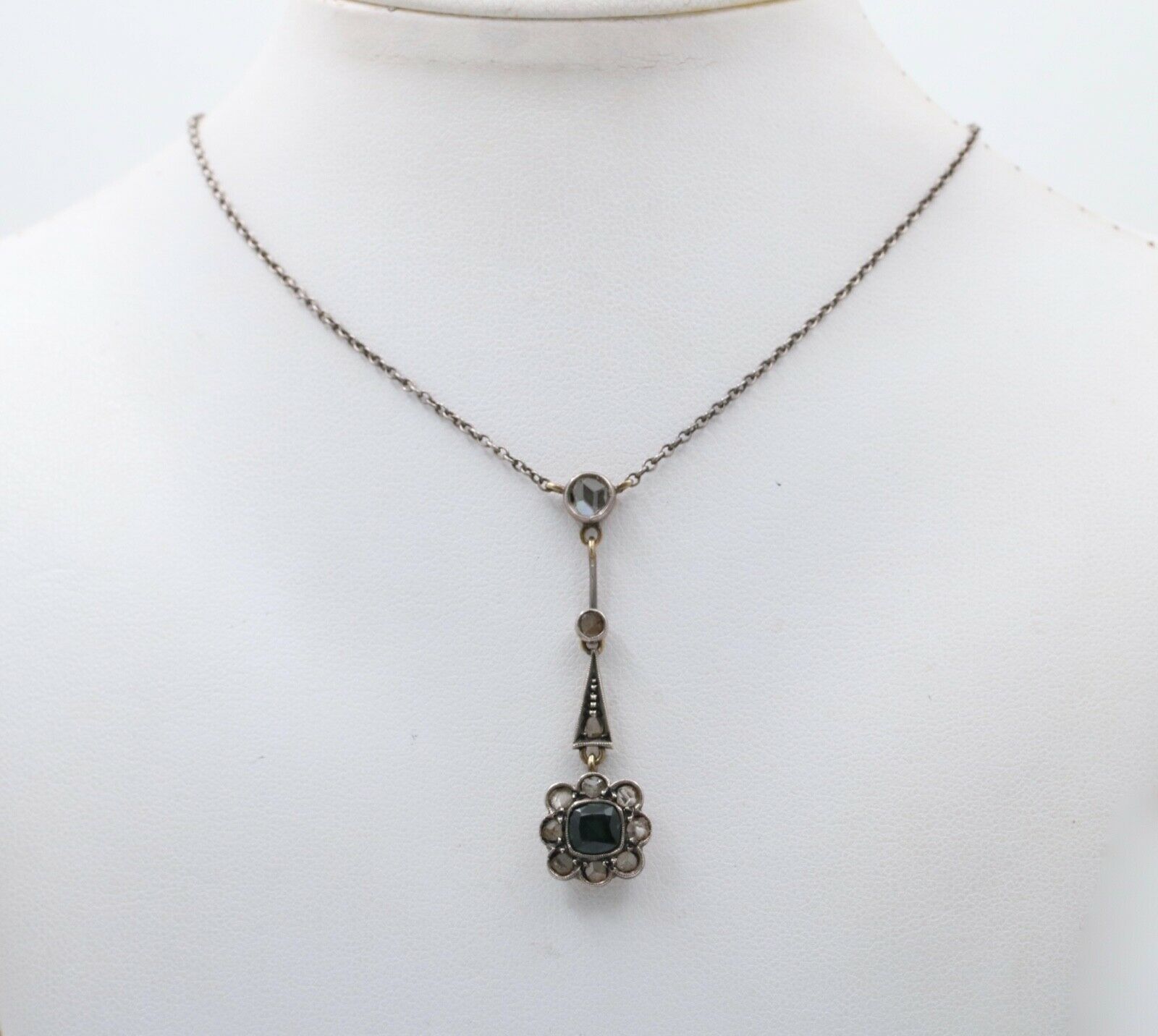 Edwardian 14K Gold & Silver Sapphire, Rose Cut Diamond Floral Lavalier Necklace