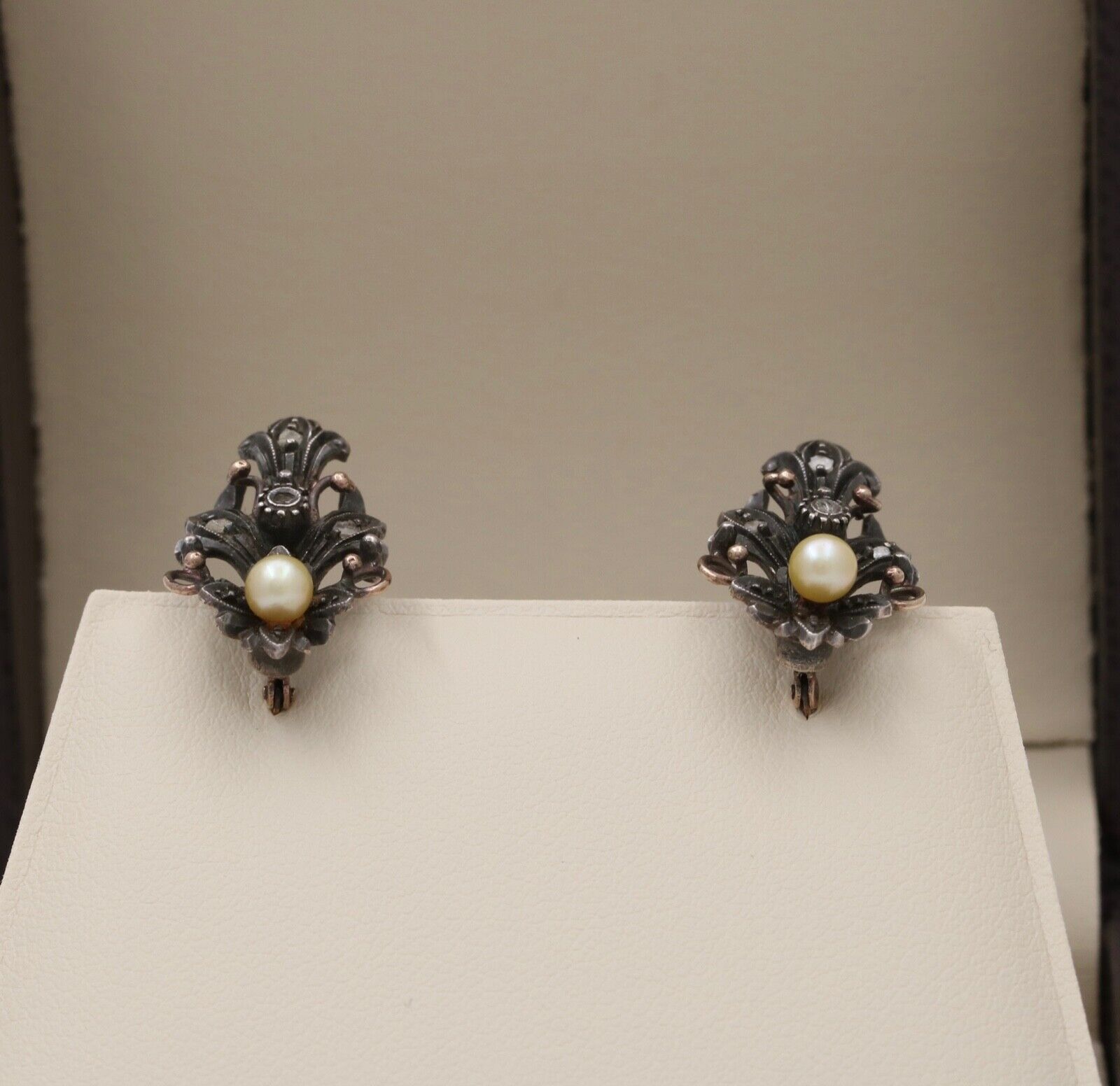 Victorian 10K Gold Diamond And Pearl Earrings