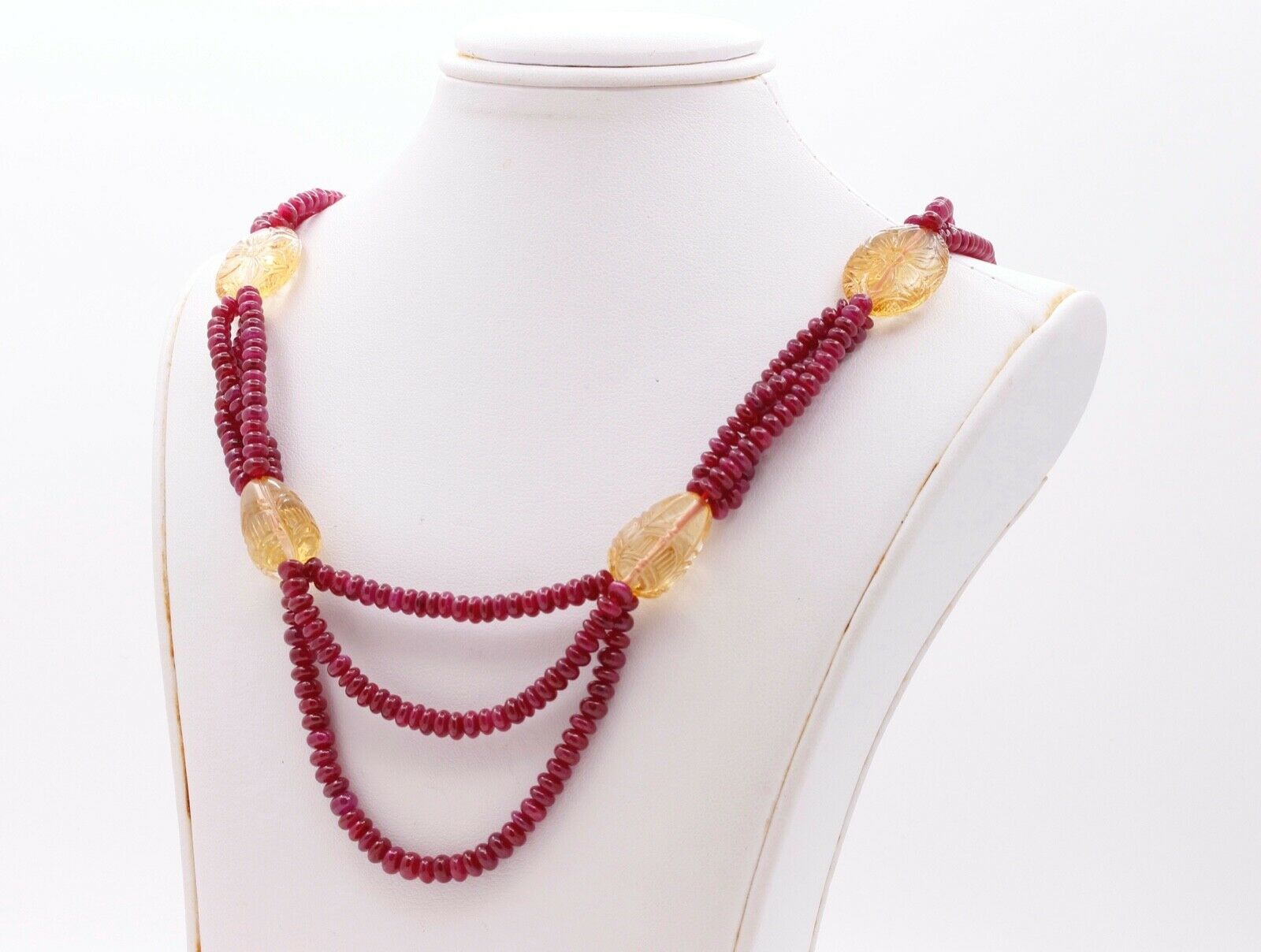 Vintage Ruby Citrine Pearls 18K Yellow Gold Bead Strand Necklace