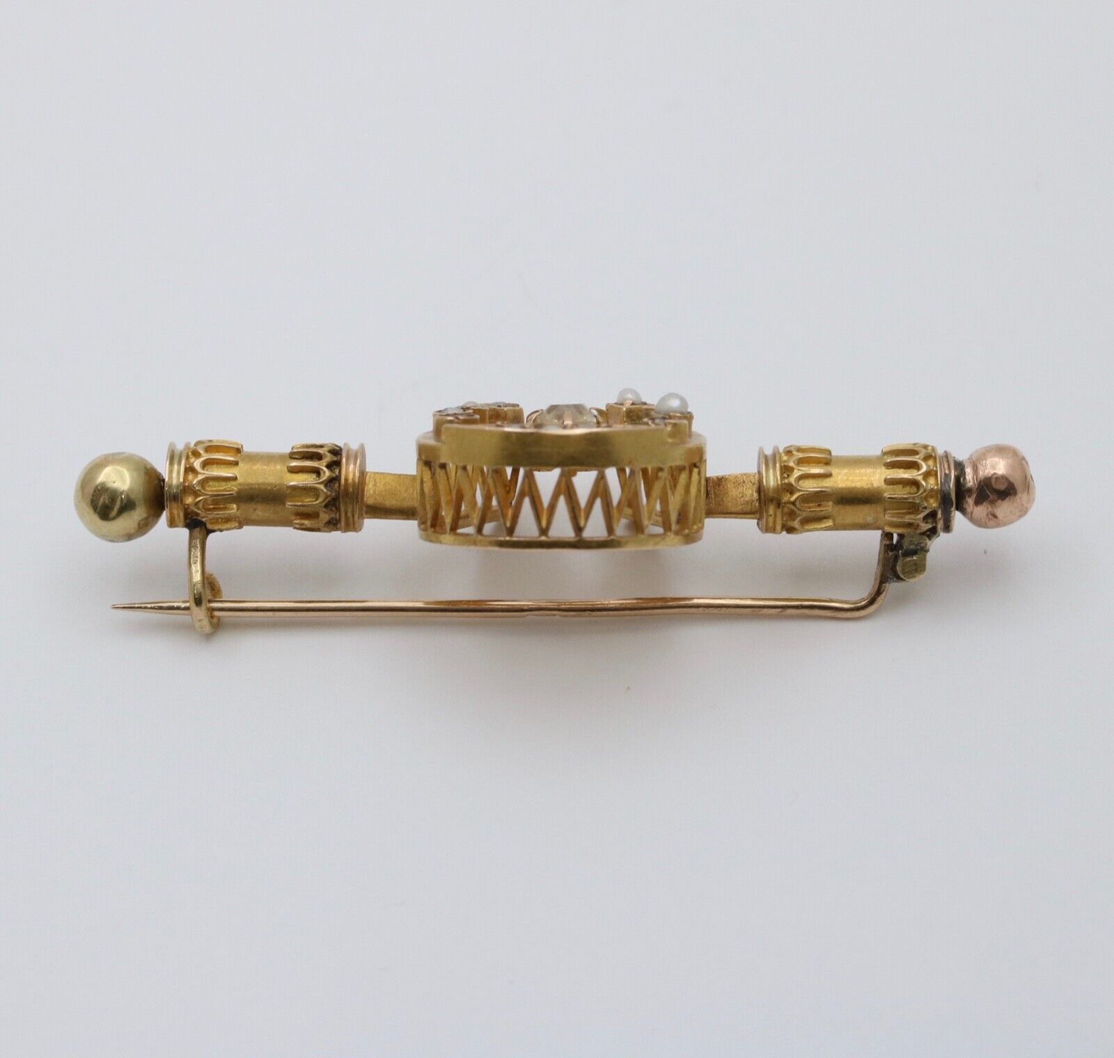 Victorian Era Russian Diamond Seed Pearls 16K Yelllow Gold Brooch Pin