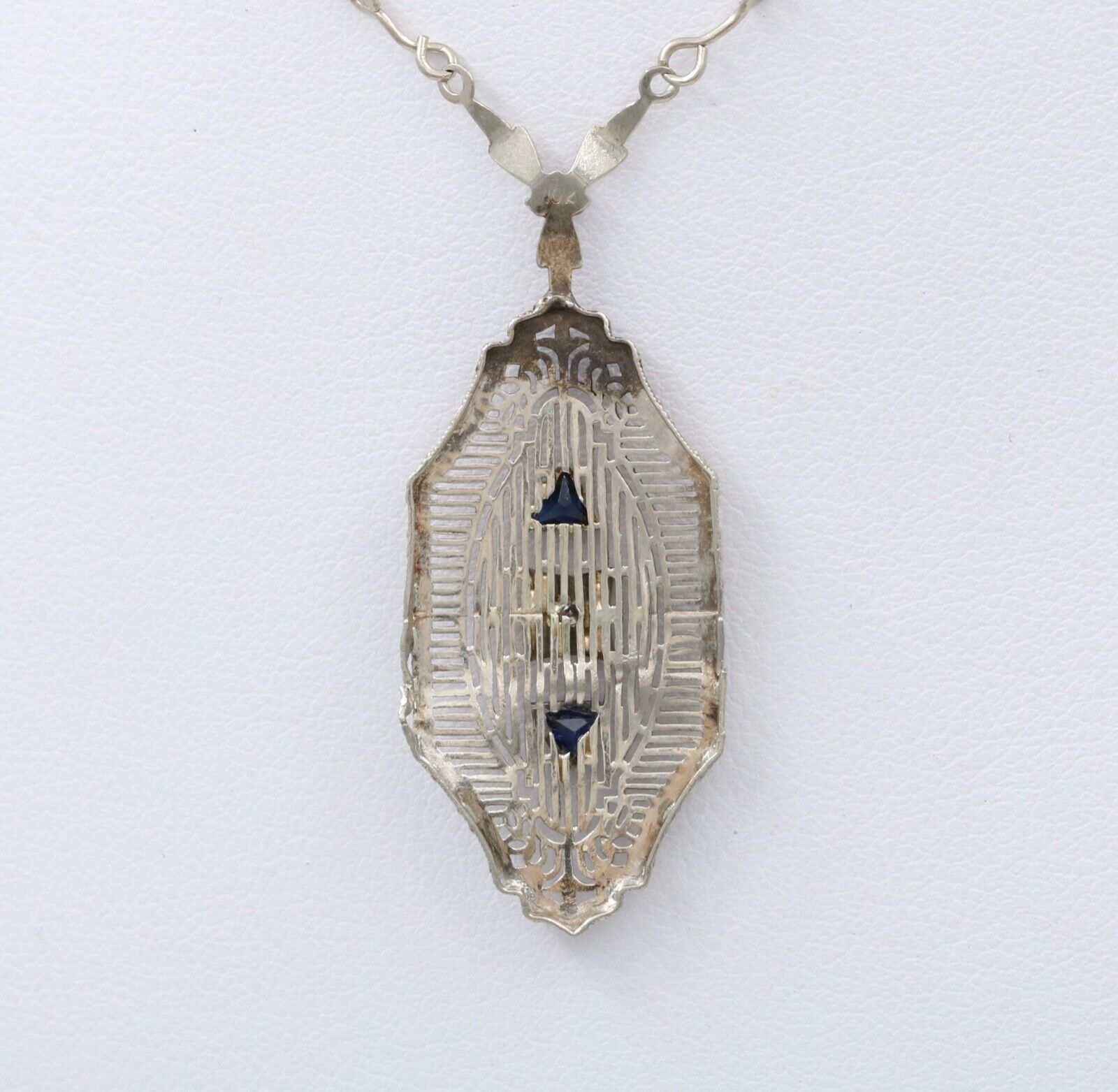 Art Deco 10K Gold Filigree Diamond & Sapphire Pendant Necklace