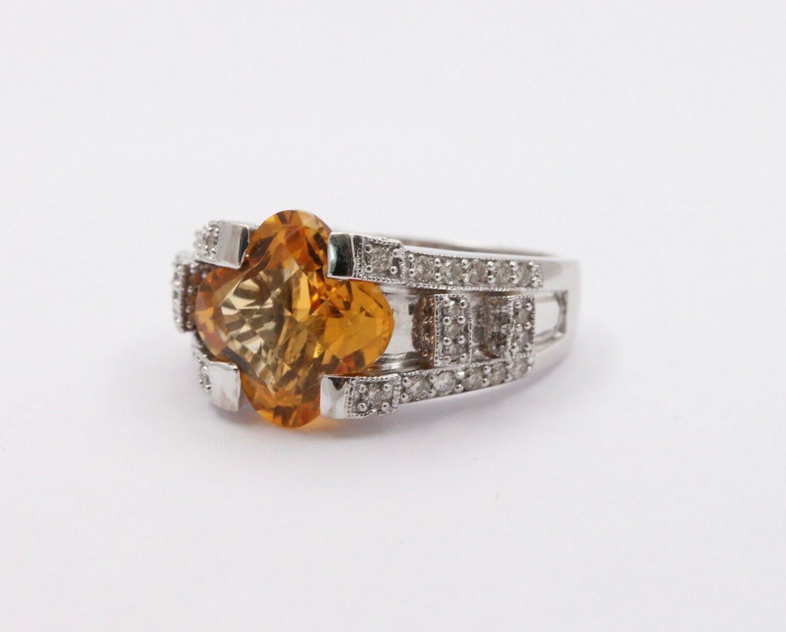 Unique Clover Shape Checkerboard Cut Citrine 14K White Gold Diamond Ring , Engag