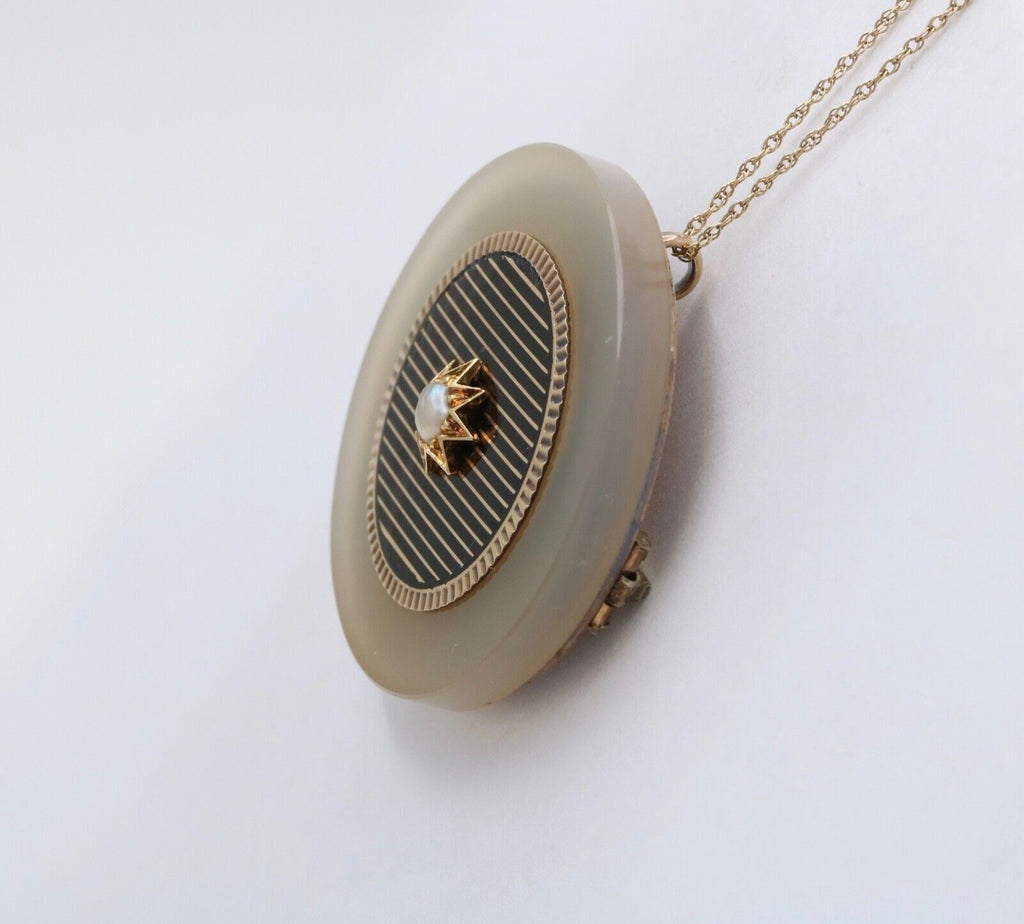 Antique 14K Yellow Gold White Agate Desic Black Enamel Brooch, Pendant