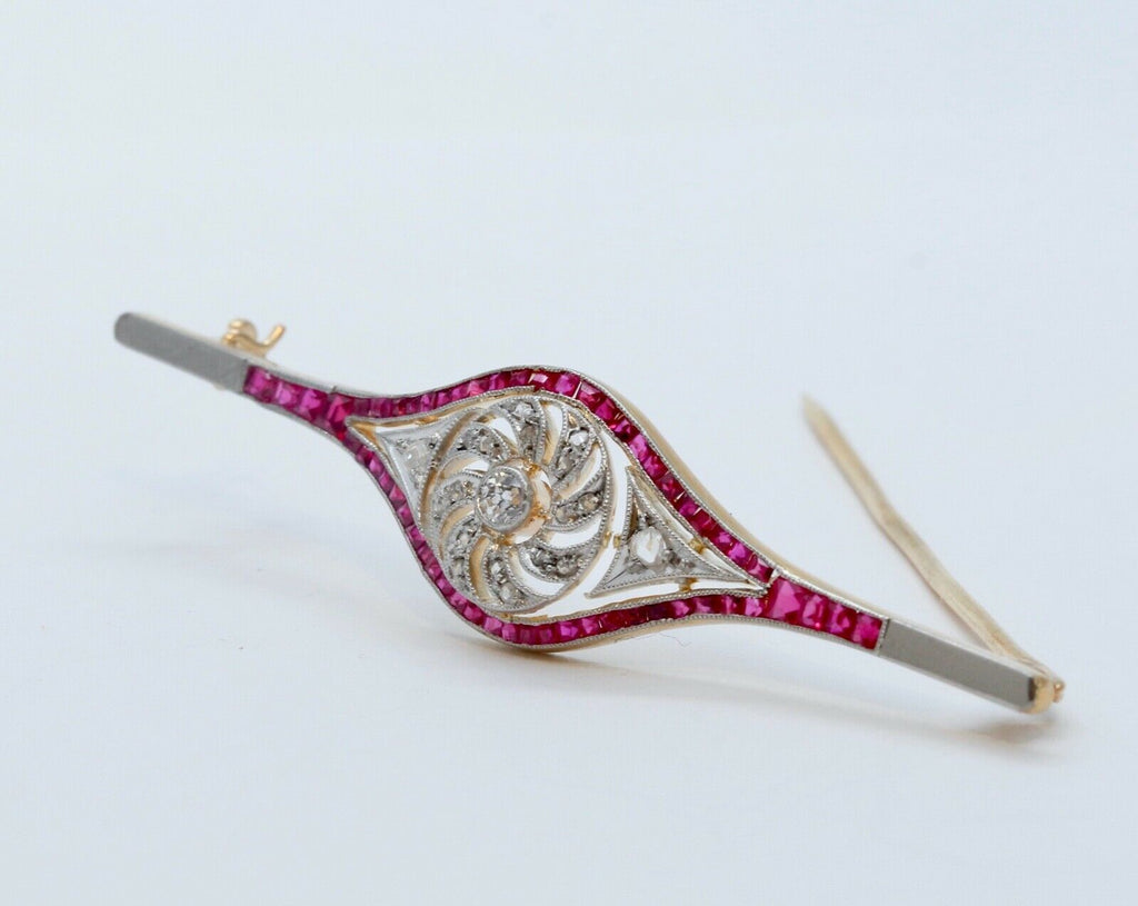 Art Deco Old Minor Rose Cut Diamonds Rubies 18K WG/YG Brooch Pin
