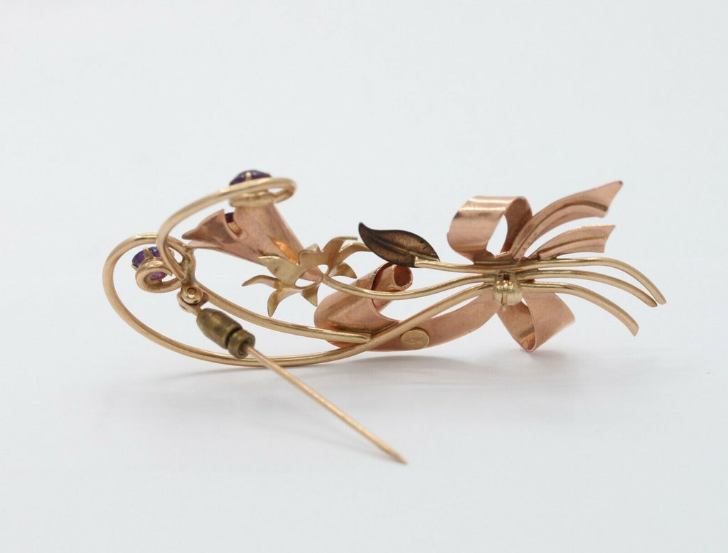Retro 10K Rose & Yellow Gold Floral Amethyst Brooch