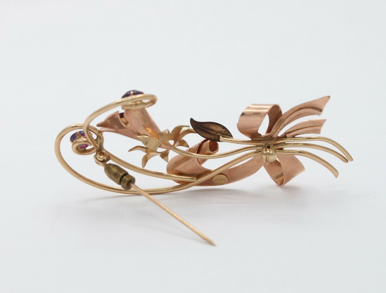 Retro 10K Rose & Yellow Gold Floral Amethyst Brooch