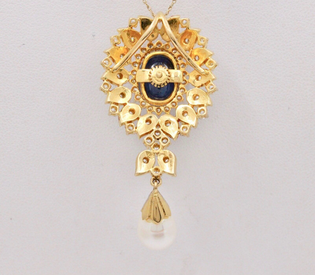 Gorgeous 18K Yellow Gold Cabochon Sapphire, Pearl And Diamond Pendant