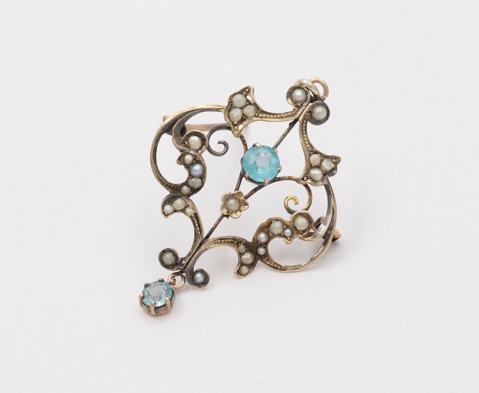 Art Nouveau 10K Yellow Gold Blue Zircon Seed Pearls Pendant Brooch