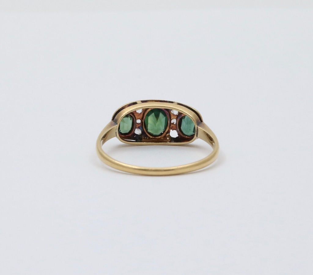 Antique Edwardian 18K Gold Three Green Tourmaline Diamond Ring, Ring Band.