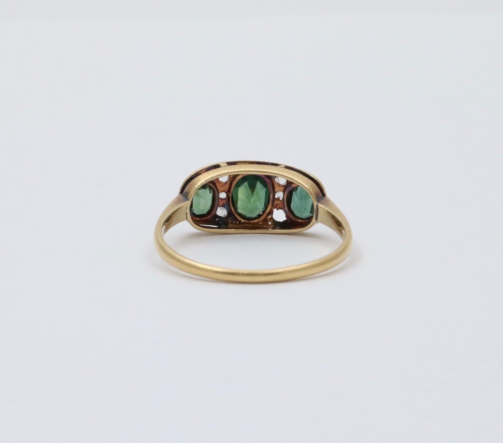 Antique Edwardian 18K Gold Three Green Tourmaline Diamond Ring, Ring Band.