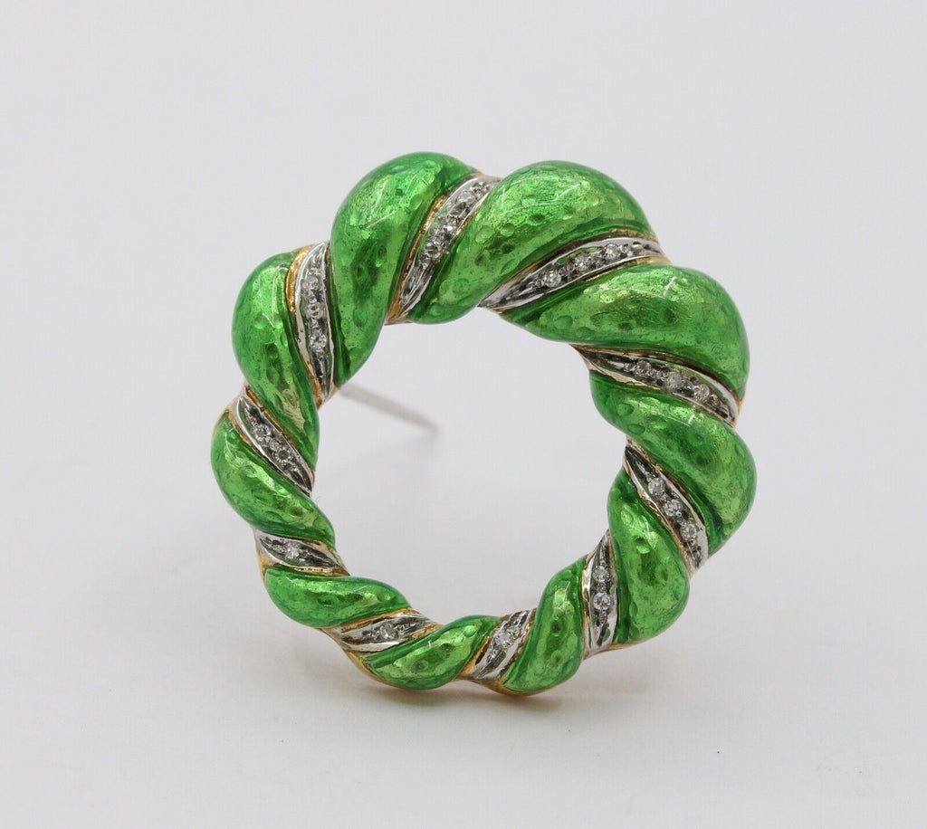 Vintage Ladies 18K Yellow White Gold Green Enamel Brooch Pin