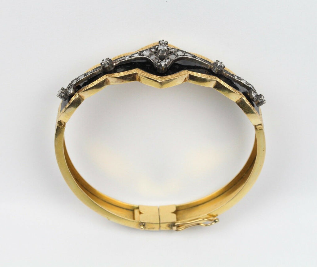 Victorian Mourning Antique Bracelet 18K Yellow Gold Black Enamel & Diamond