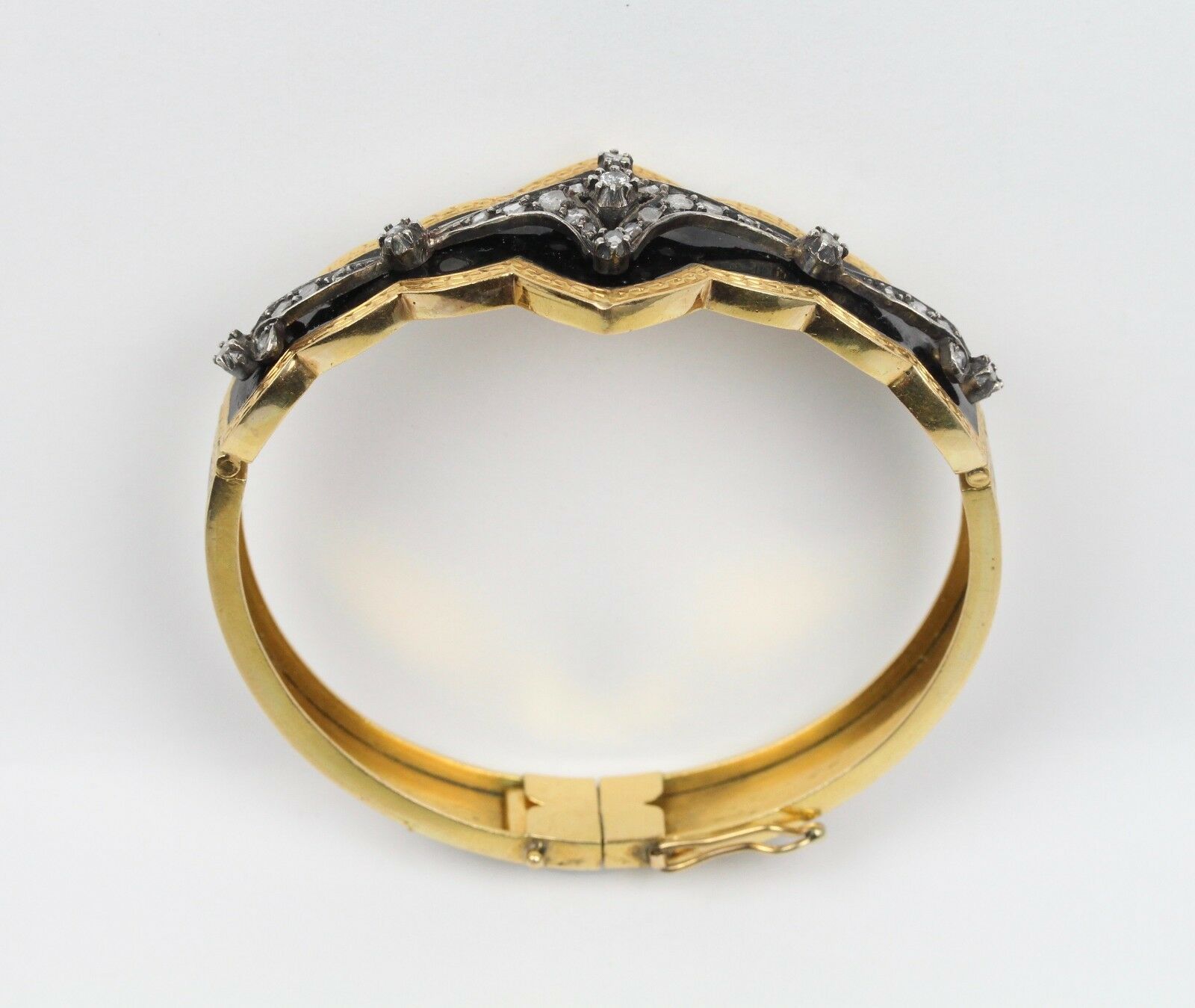 Victorian Mourning Antique Bracelet 18K Yellow Gold Black Enamel & Diamond