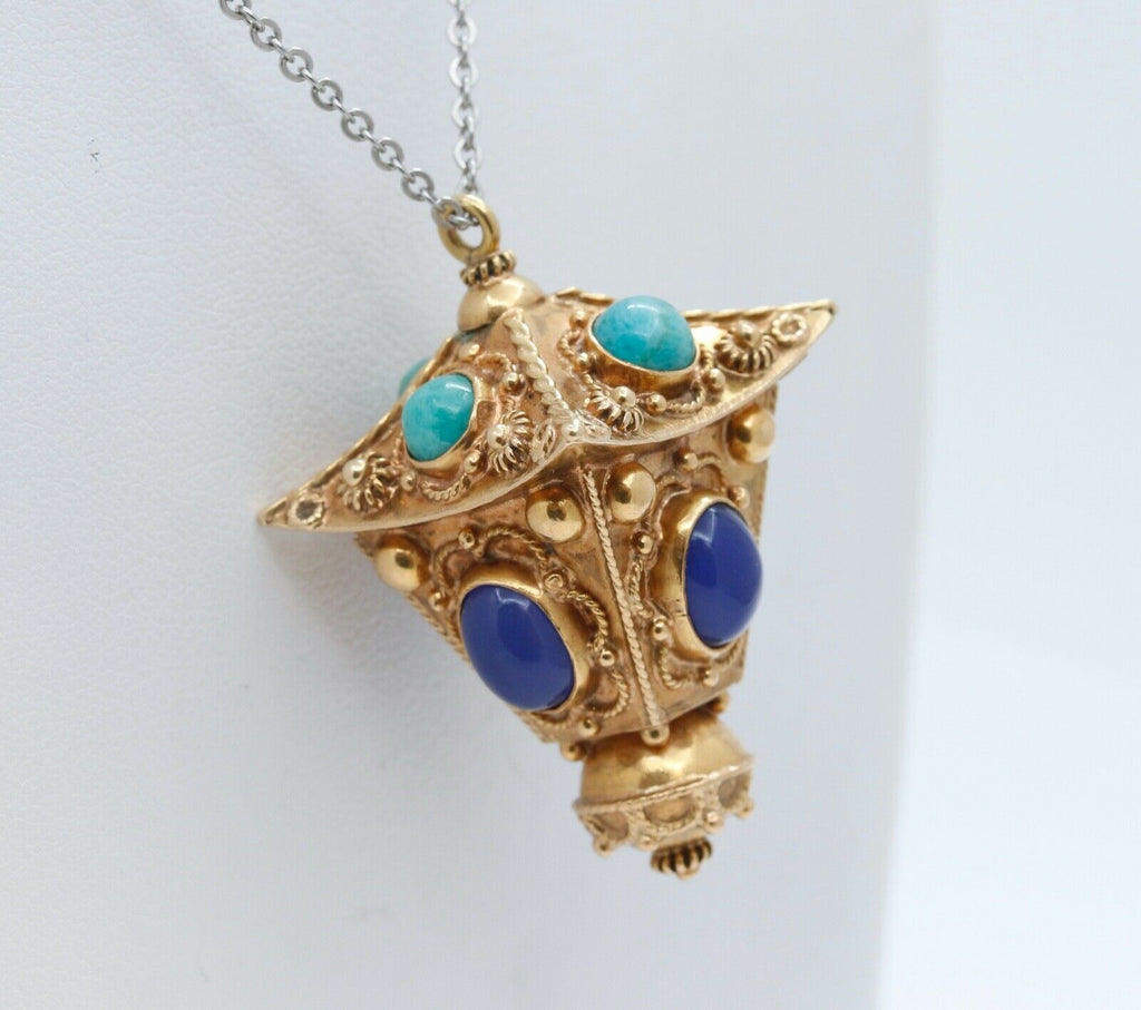 Victorian Street Lantern 18K Yellow Gold Chalcedony Turquoise Pendant