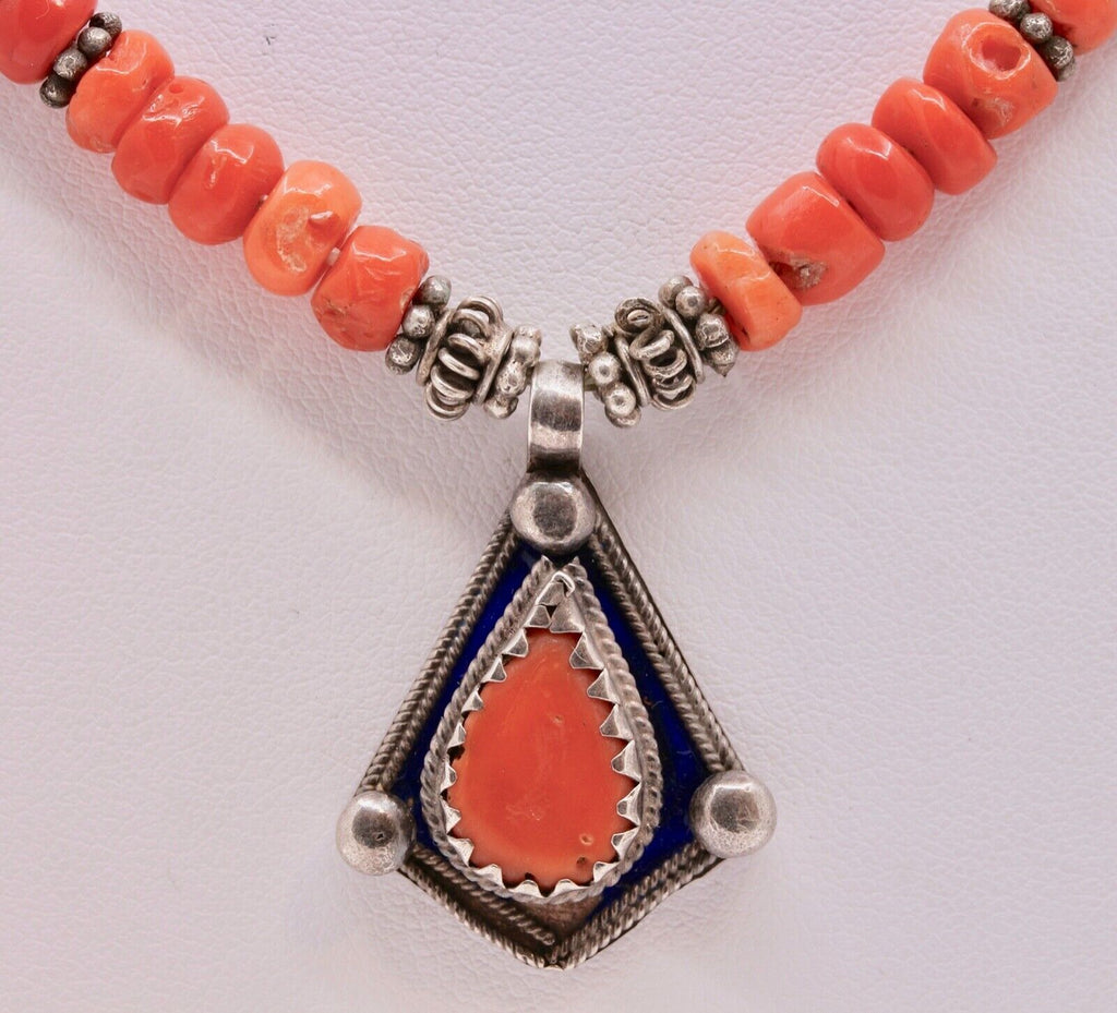 Antique European Coral Enamel 800 Silver Necklace