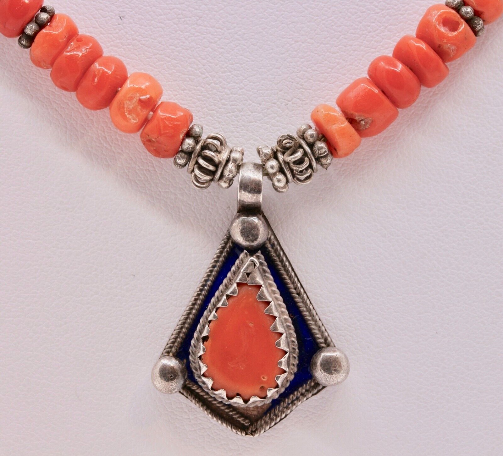 Antique European Coral Enamel 800 Silver Necklace