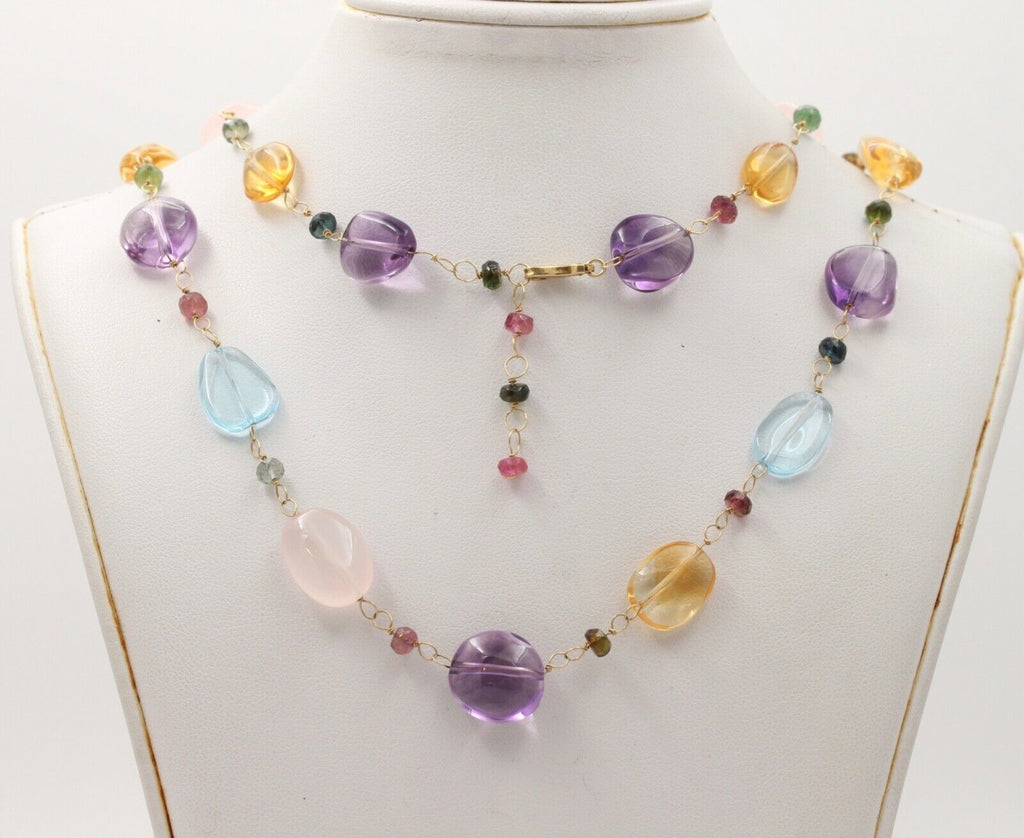 Colorful 14K Yellow Gold Beaded Multi Color Gemstone Necklace.
