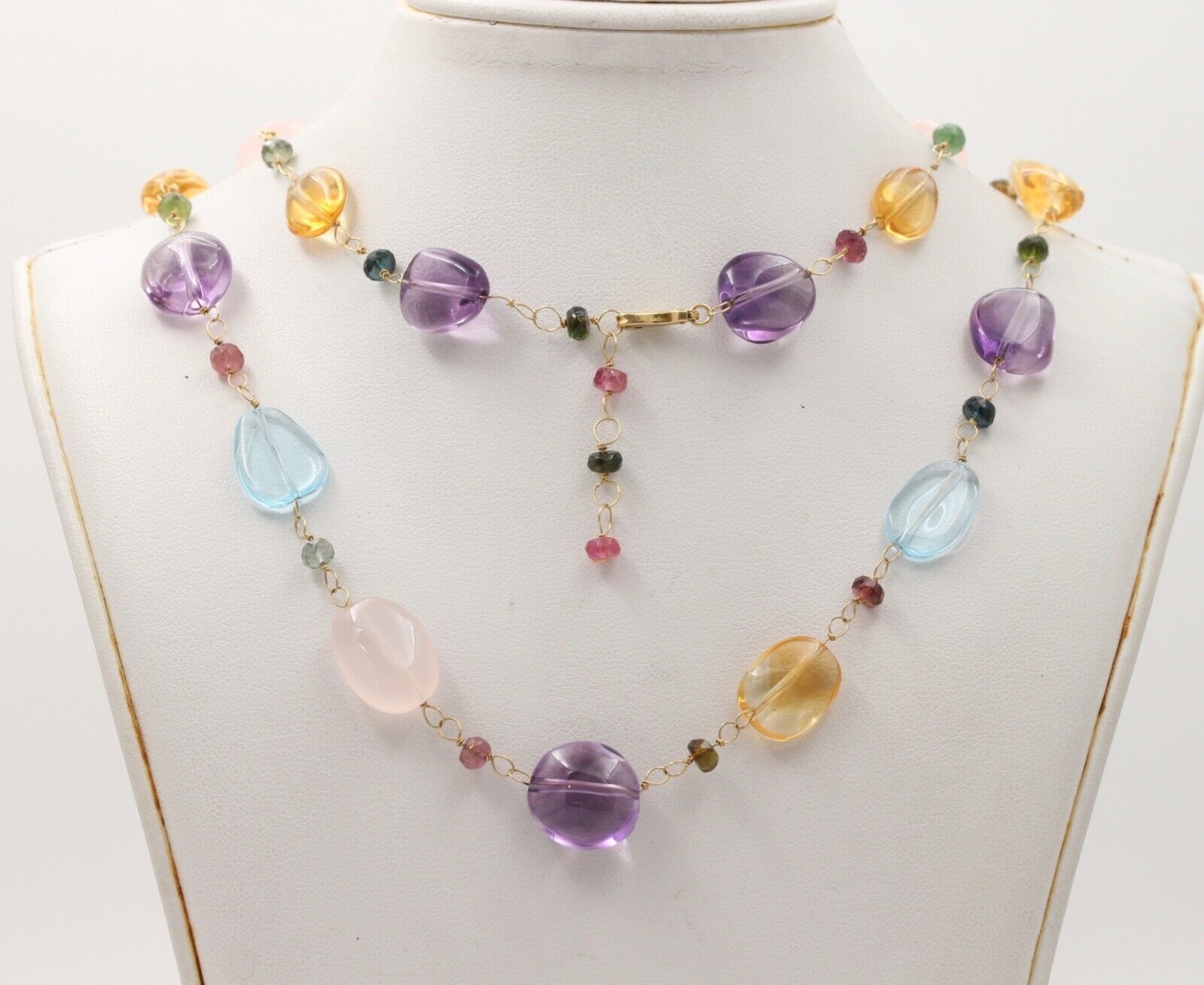 Colorful 14K Yellow Gold Beaded Multi Color Gemstone Necklace.