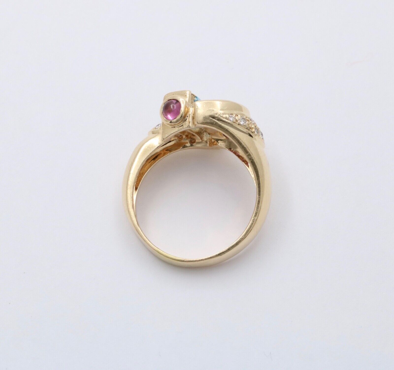 Vintage Geometric Amethyst Blue Topaz Tourmalines Diamonds 14K Yellow Gold Ring