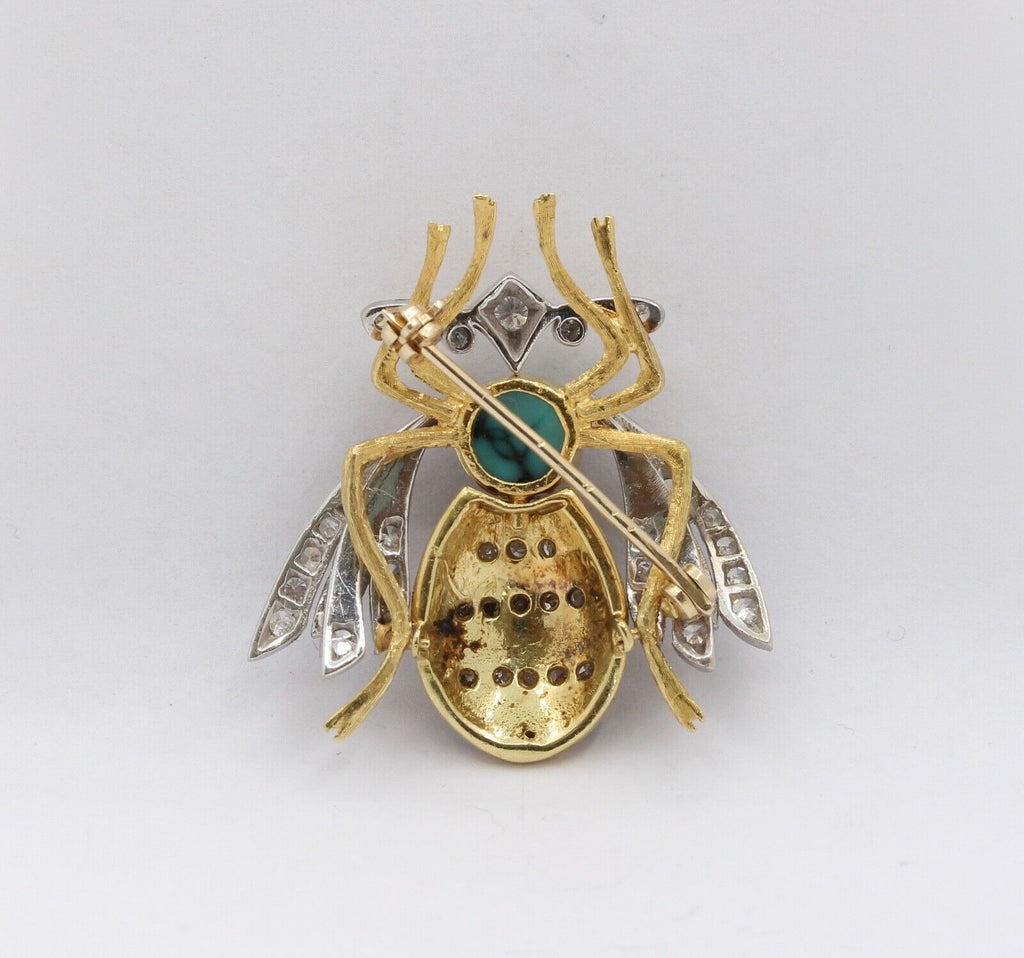 Vintage Honey Bee 18K Diamonds Turquoise Enamel Brooch Pin