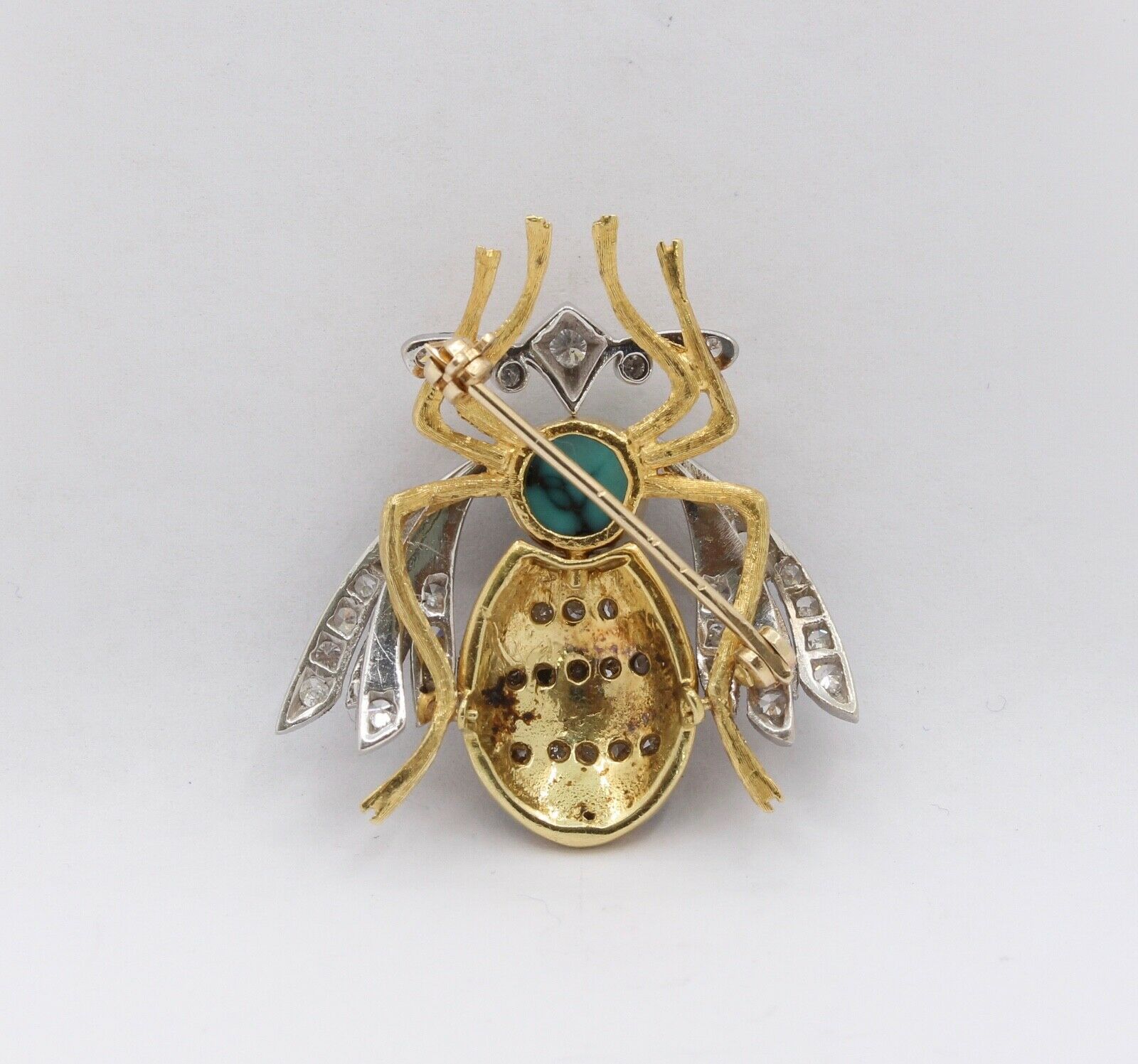 Vintage Honey Bee 18K Diamonds Turquoise Enamel Brooch Pin