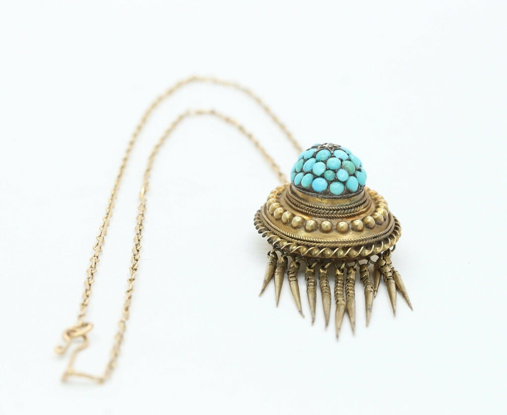 Victorian 14K 10K Yellow Gold Turquoise Diamond Chain Pendant