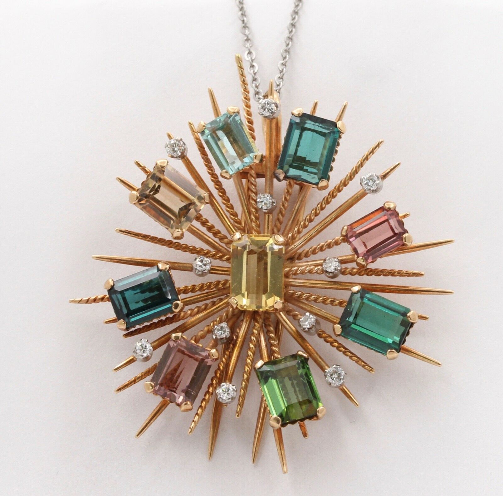 Vintage Tourmaline Citrine 14K Yellow Gold Pendant Brooch
