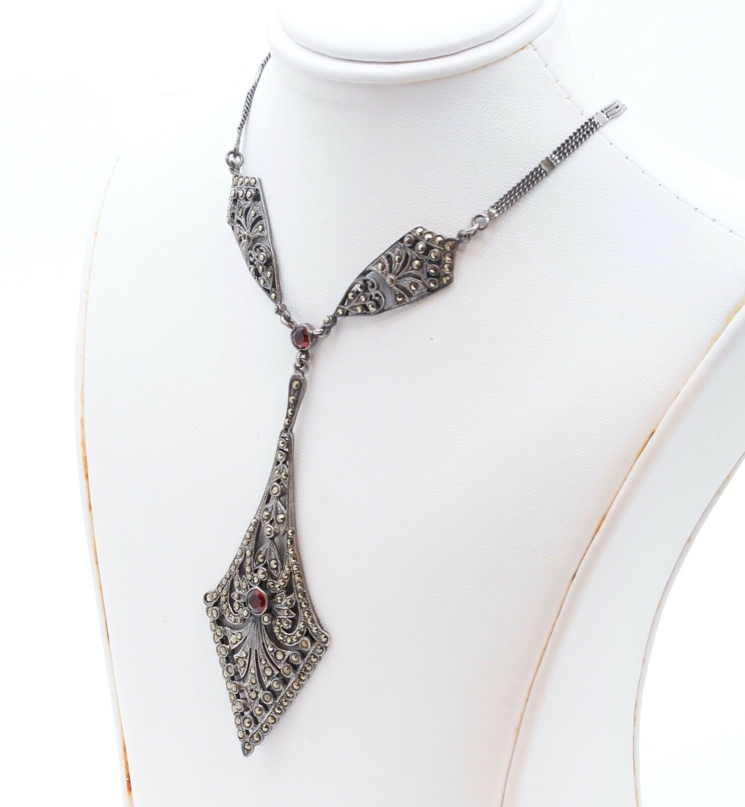 Vintage Marcasite Garnets 925 Sterling Silver Necklace Pendant