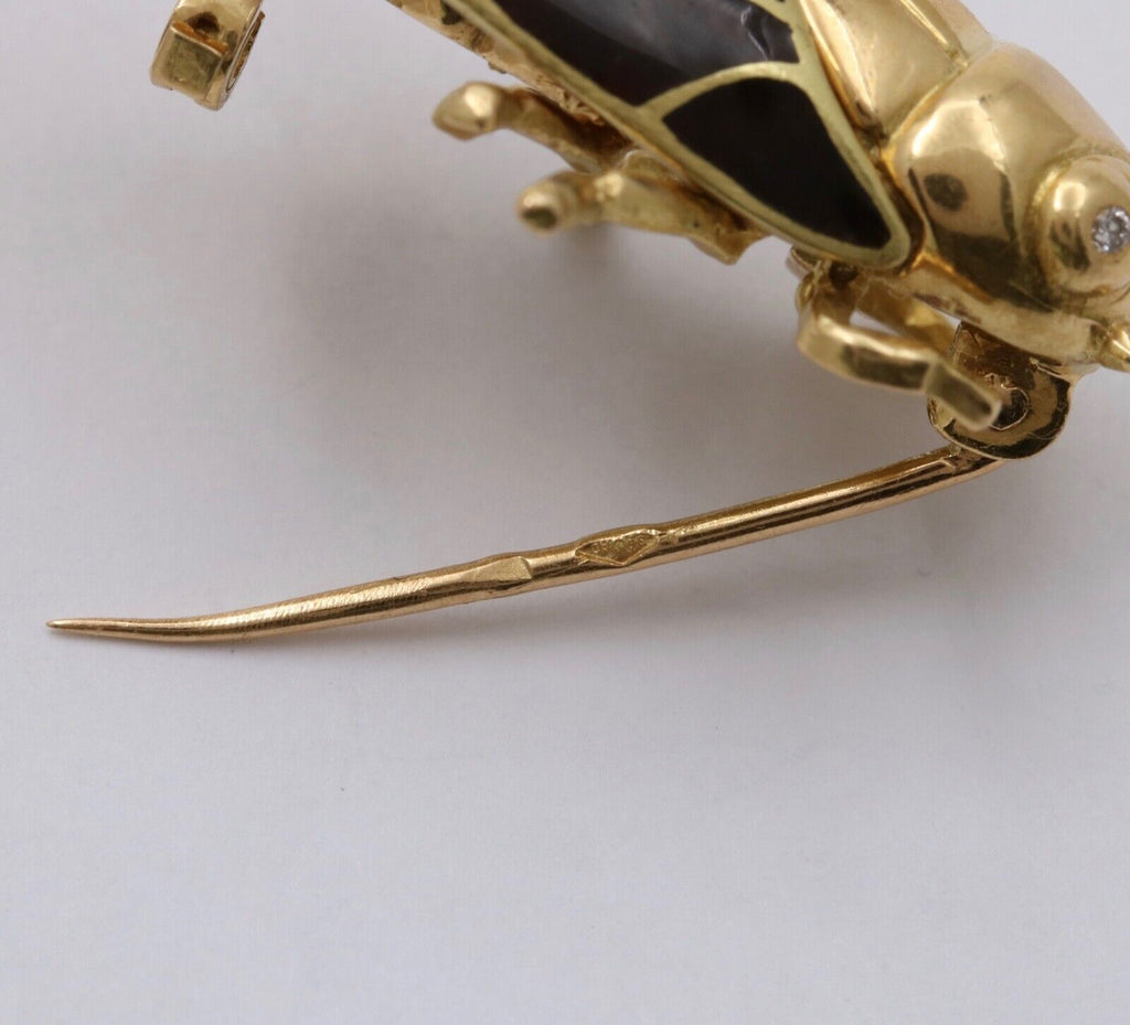The Handcrafted 18K Yellow Gold Plique A Jour Cicada Diamond Brooch.