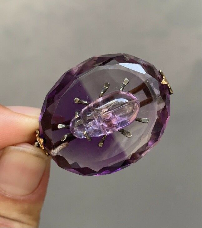 Victorian Scarab Bettle Carved Amethyst 14K yellow Gold Brooch Pin