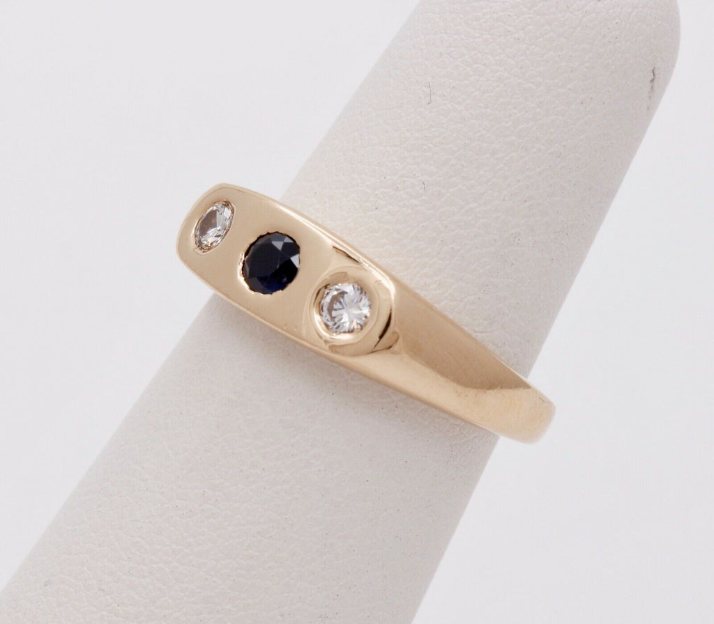 Unisex Vintage Mens Ladies Blue Sapphire Diamonds 14K Yellow Gold Ring