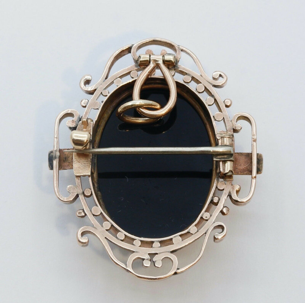 Victorian Cameo 14K Rose Gold Onyx Brooch Pendant Pin