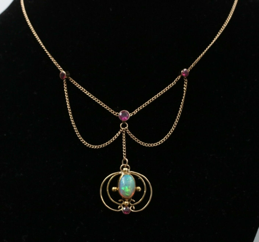 Art Nouveau 14K Yellow Gold Opal & Pink Tourmaline Festoon Necklace, Pendant.