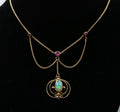 Art Nouveau 14K Yellow Gold Opal & Pink Tourmaline Festoon Necklace, Pendant.