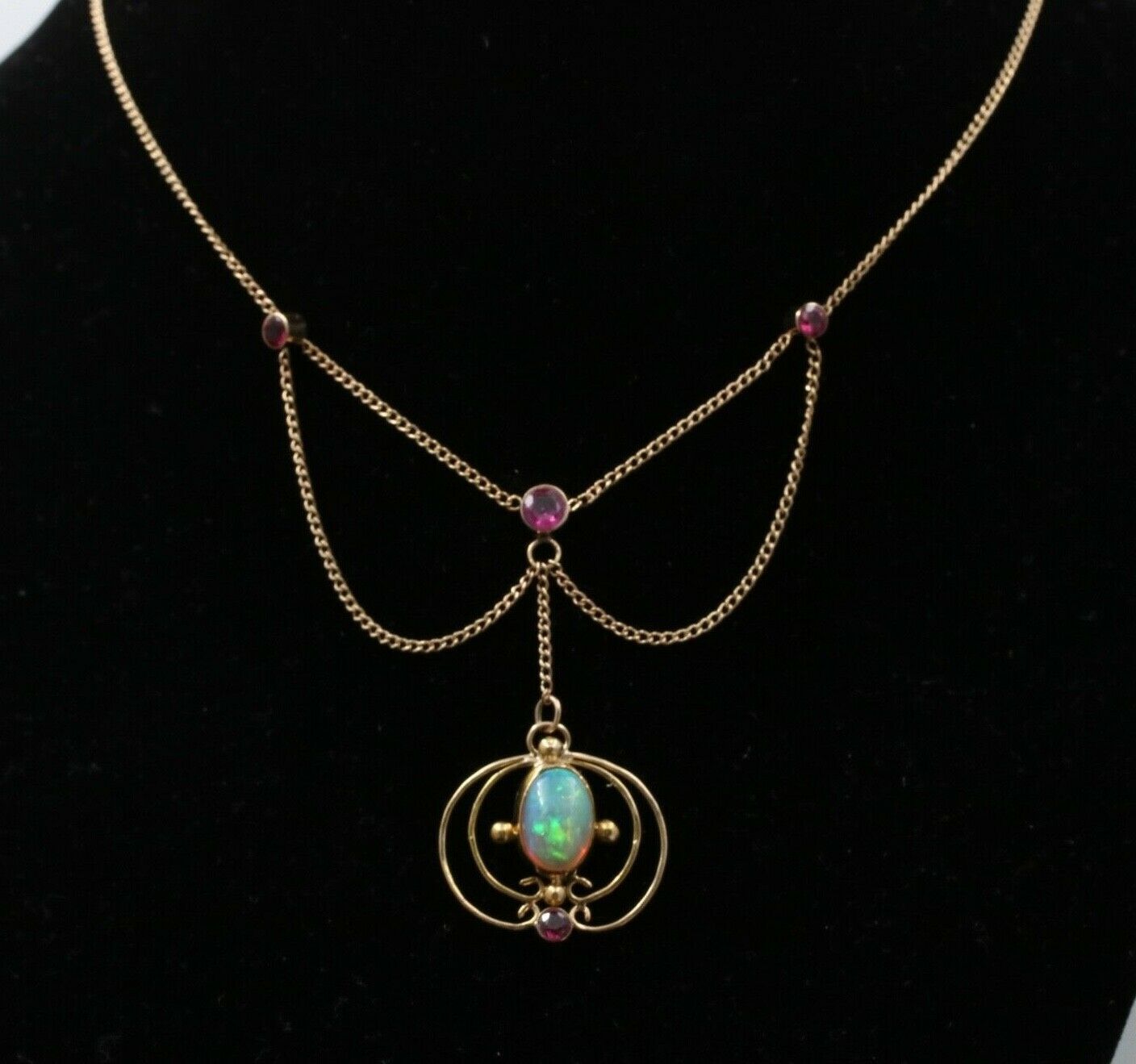 Art Nouveau 14K Yellow Gold Opal & Pink Tourmaline Festoon Necklace, Pendant.