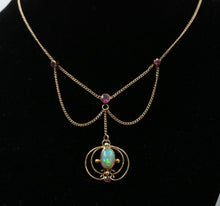 Load image into Gallery viewer, Art Nouveau 14K Yellow Gold Opal &amp; Pink Tourmaline Festoon Necklace Pendant .
