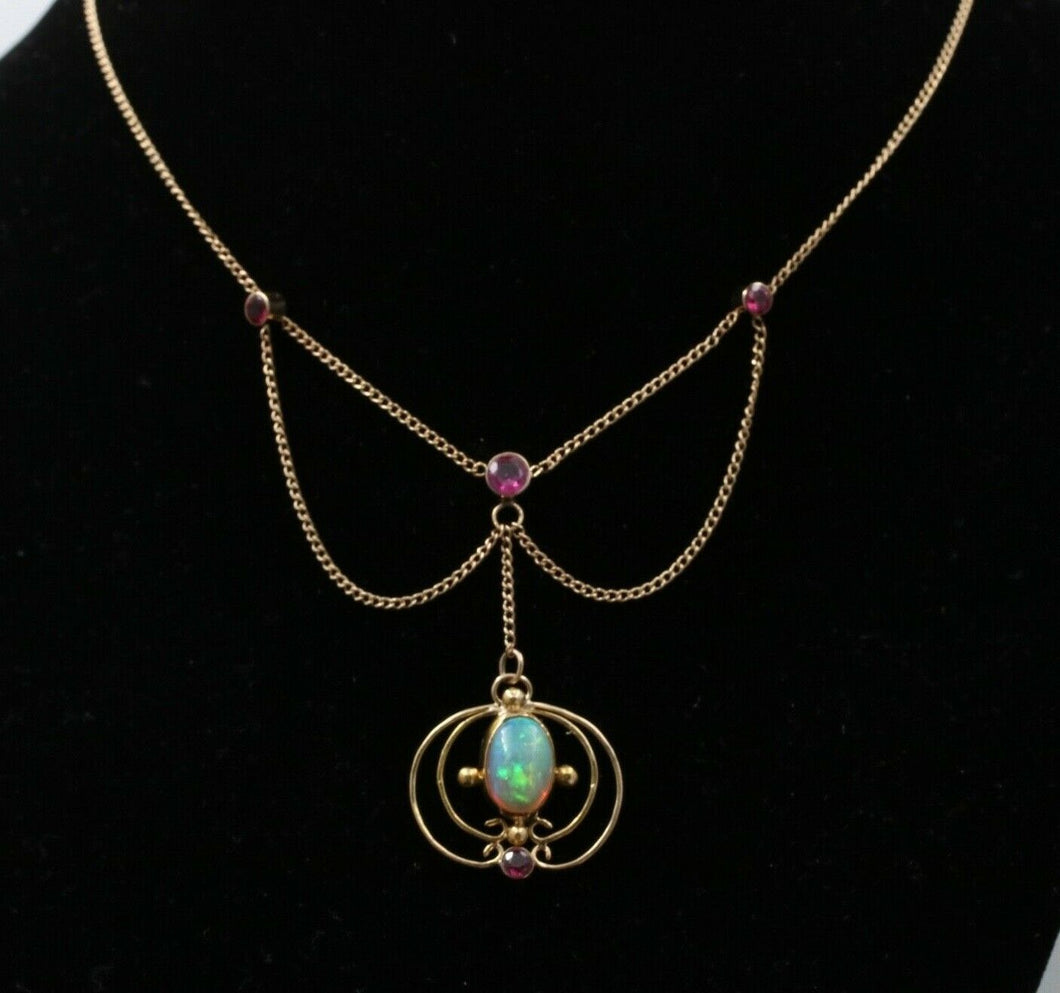 Art Nouveau 14K Yellow Gold Opal & Pink Tourmaline Festoon Necklace Pendant .