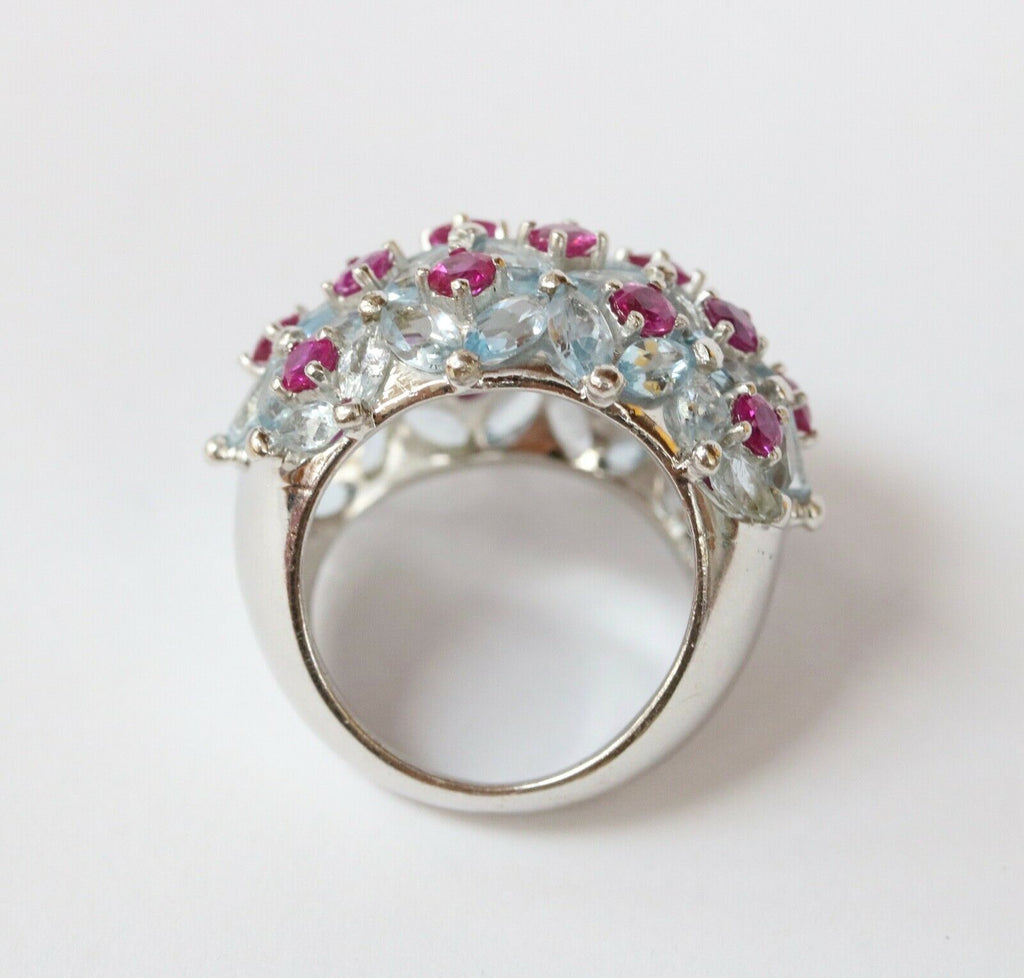 Large Statement Aquamarines Rubies 18K White Gold Dome Ring