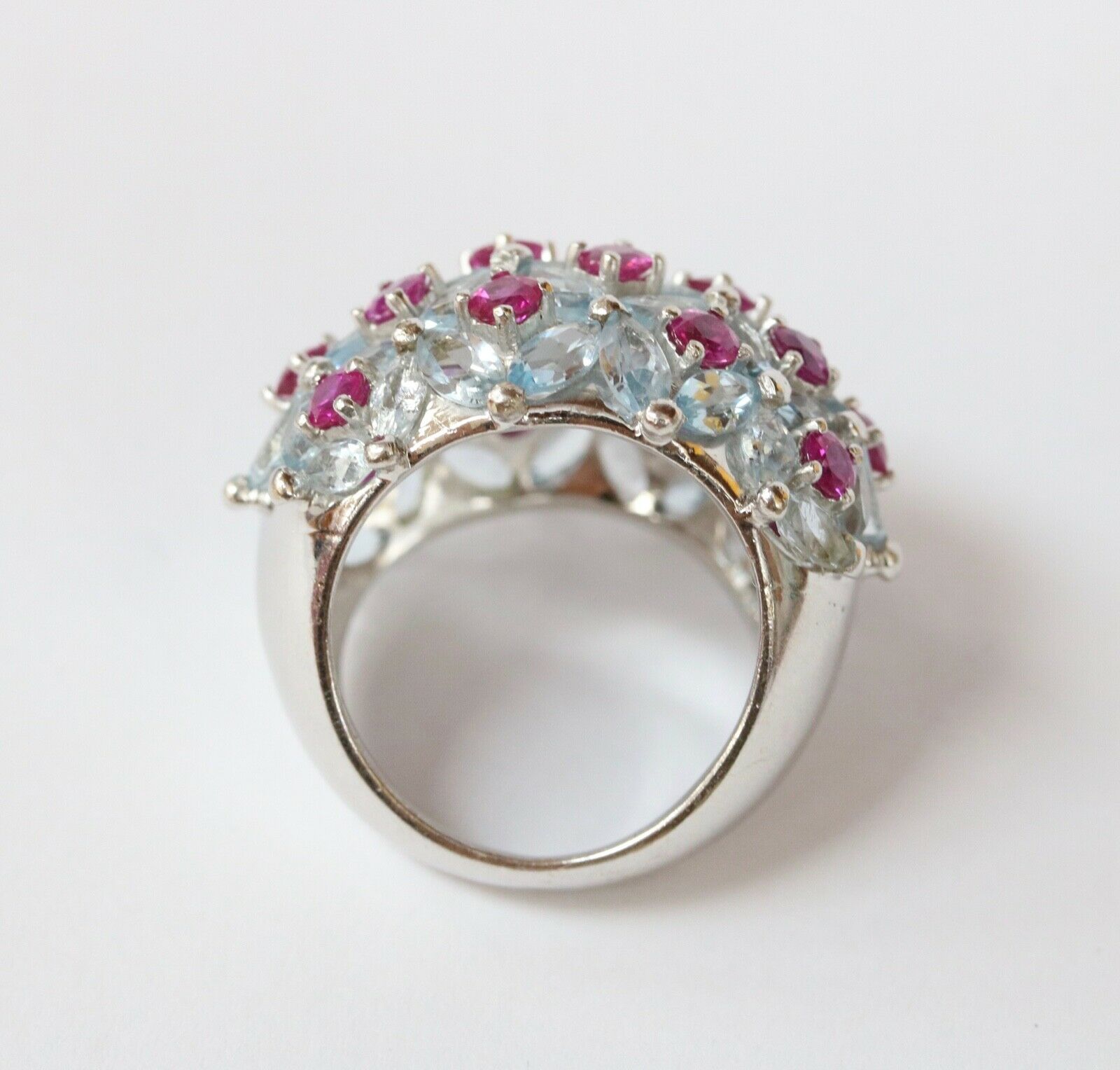 Large Statement Aquamarines Rubies 18K White Gold Dome Ring