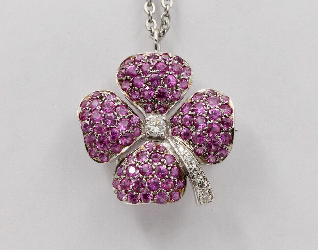 Vintage Four Leaf Clover Rubies Diamonds 14K White Gold Pendant Brooch Pin