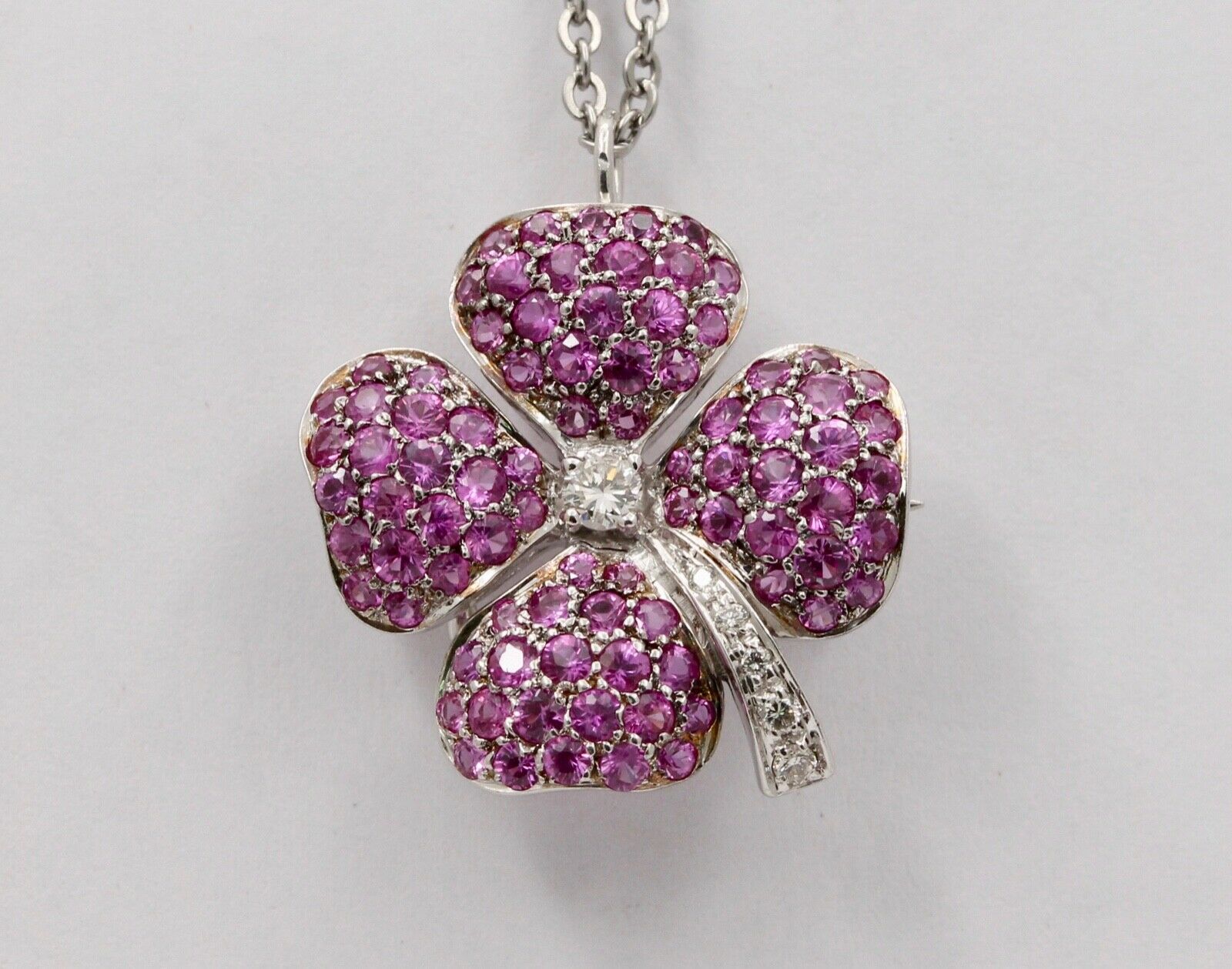 Vintage Four Leaf Clover Rubies Diamonds 14K White Gold Pendant Brooch Pin