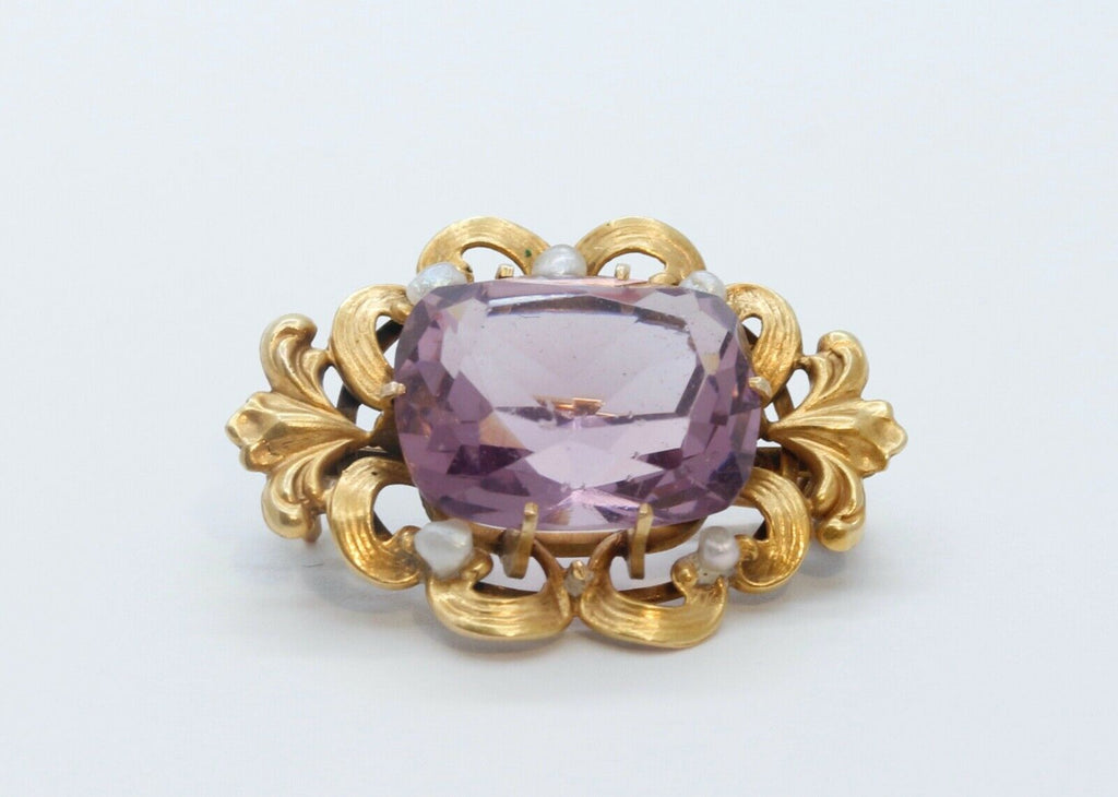 Art Nouveau Amethyst Seed Pearls 10K Yellow Gold Brooch Pin