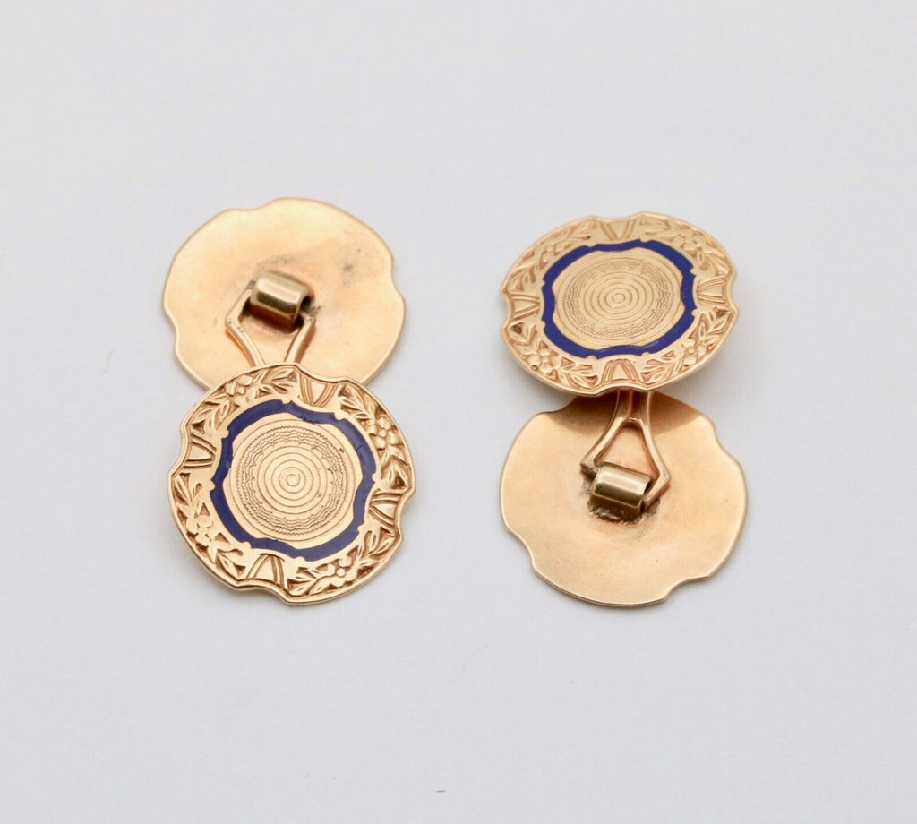 Vintage Blue Enamel High Relief 14K Gold Cufflinks
