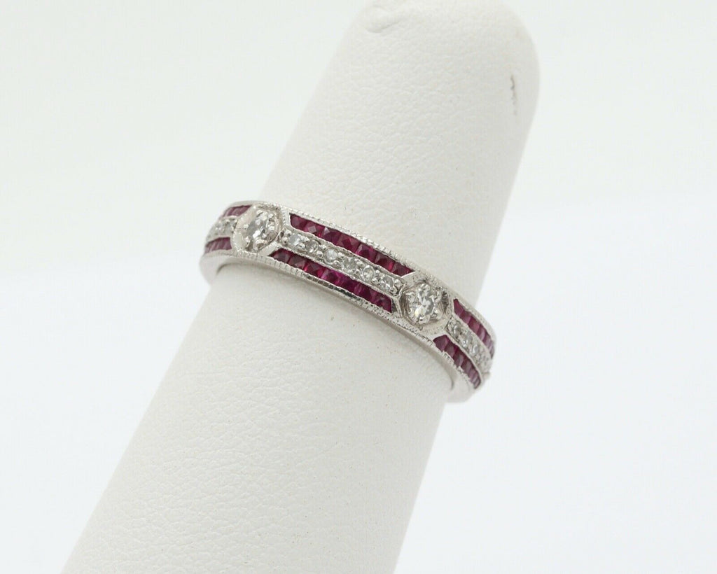 Ladies 18K White Gold Diamonds Rubies Stacking Eternity Band