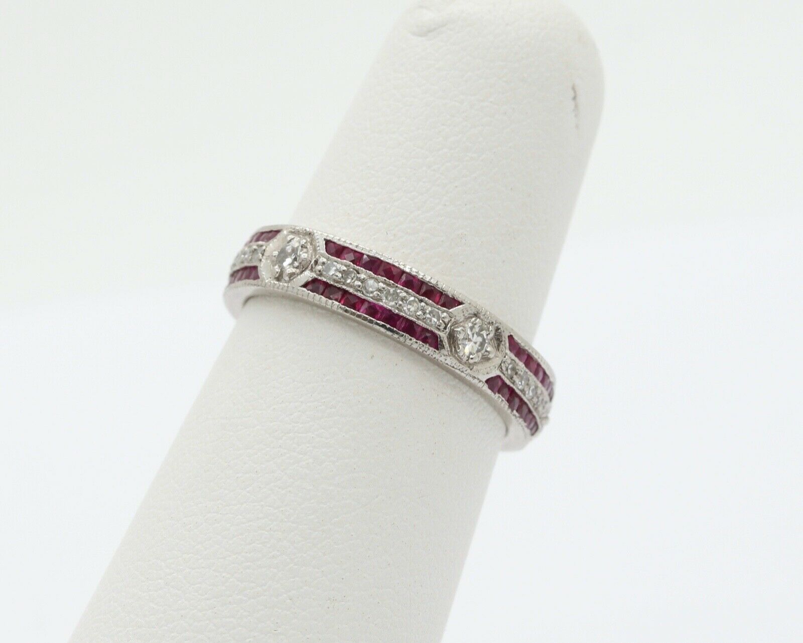 Ladies 18K White Gold Diamonds Rubies Stacking Eternity Band