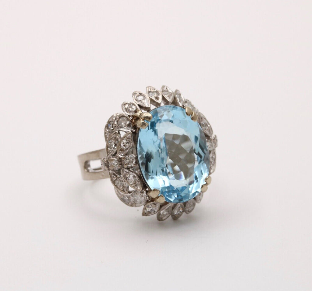 Vintage Blue Topaz Diamonds 14K White Yellow Gold Cocktail Ring
