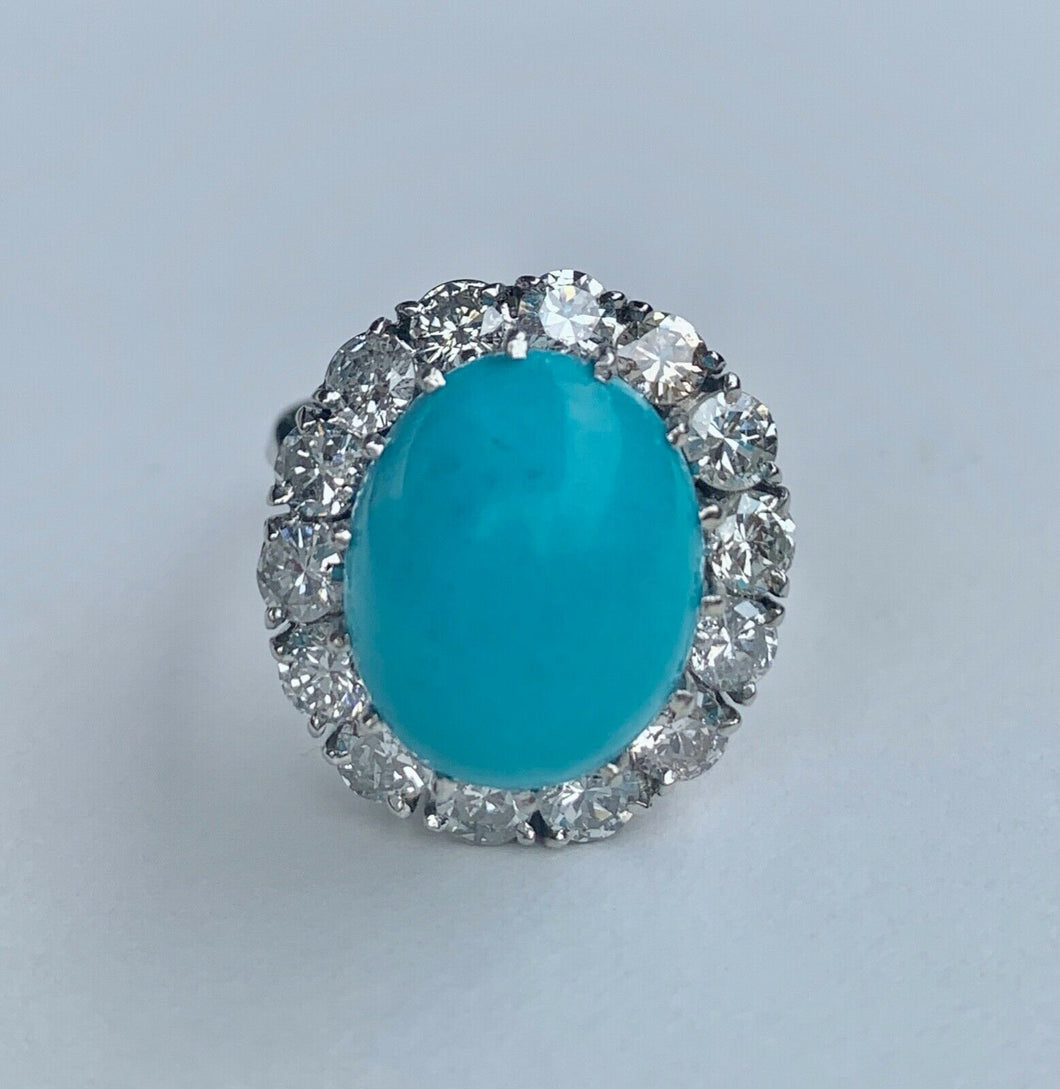 Gorgeous Vintage Persian turquoise Platinum Ring With Diamonds Halo.