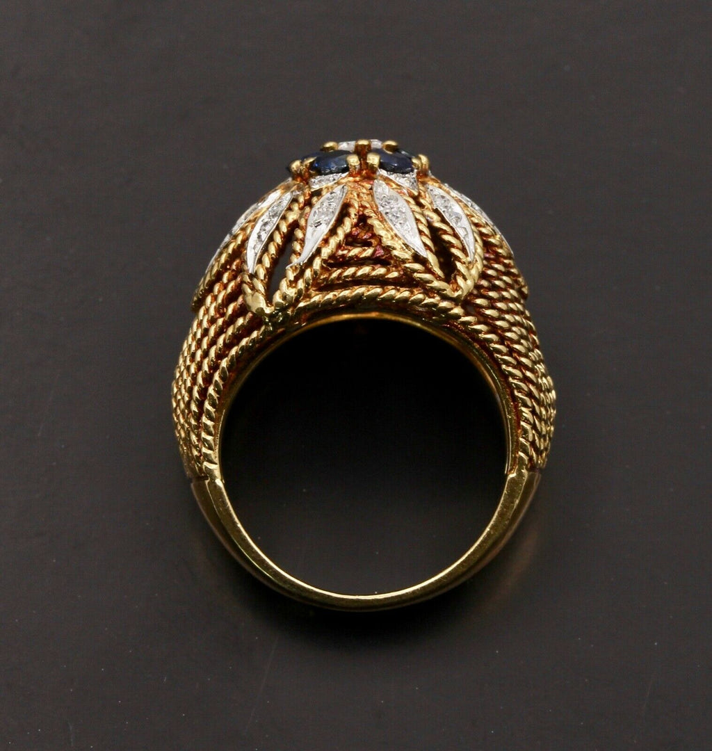 Italian Vintage High Dome Cluster Ring Sapphires Diamonds 18K YG WG Ring